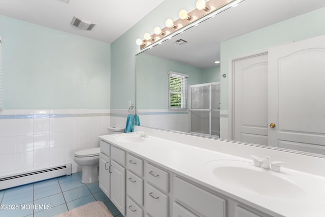274 Beachview Ave, Manahawkin, NJ 08050 - bathroom featuring a baseboard radiator, double vanity, a stall shower, tile patterned floors, and toilet