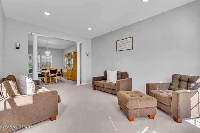 707 Cedar Point Ct, Toms River, NJ 08753 - carpeted living room featuring ornate columns, recessed lighting, and baseboards