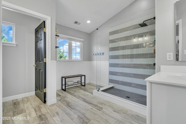 707 Cedar Point Ct, Toms River, NJ 08753 - bathroom featuring a stall shower, lofted ceiling, wood finished floors, vanity, and recessed lighting