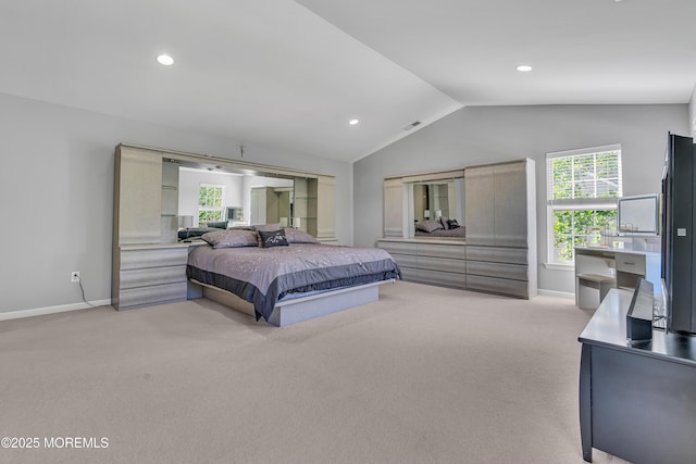 707 Cedar Point Ct, Toms River, NJ 08753 - bedroom with light carpet, vaulted ceiling, baseboards, and recessed lighting