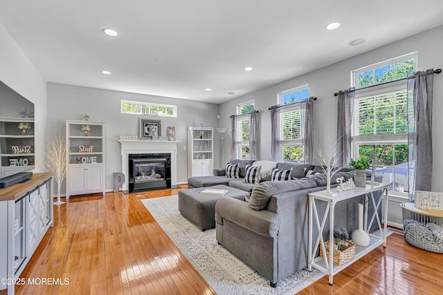 707 Cedar Point Ct, Toms River, NJ 08753 - living room with light wood-style floors, recessed lighting, and a fireplace with flush hearth
