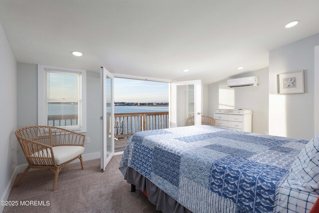 151 Shore Dr, Brick, NJ 08723 - carpeted bedroom featuring a wall unit AC, access to outside, baseboards, a water view, and recessed lighting