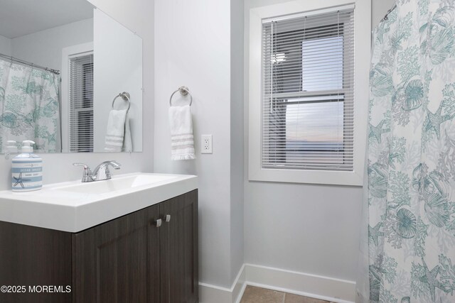 151 Shore Dr, Brick, NJ 08723 - bathroom featuring vanity, baseboards, tile patterned floors, and a shower with shower curtain