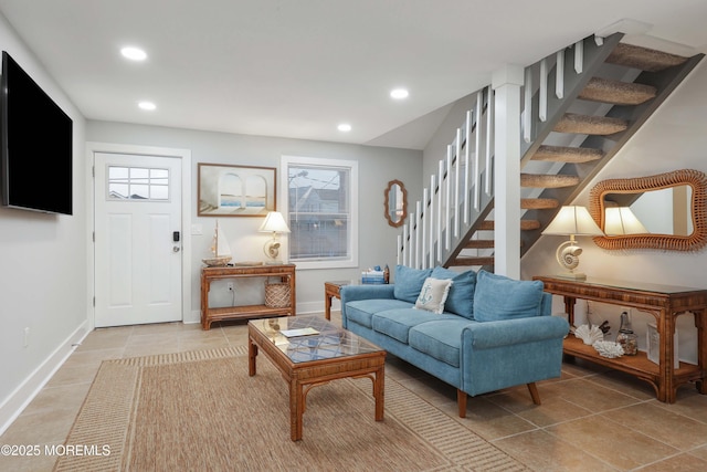 151 Shore Dr, Brick, NJ 08723 - living room with stairs, tile patterned flooring, recessed lighting, baseboards, and plenty of natural light