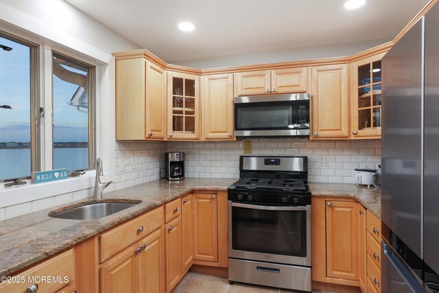151 Shore Dr, Brick, NJ 08723 - kitchen featuring stainless steel appliances, a sink, light stone countertops, tasteful backsplash, and glass insert cabinets