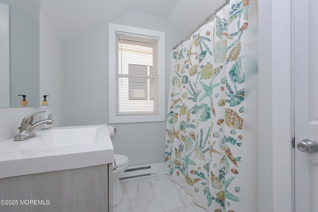 151 Shore Dr, Brick, NJ 08723 - bathroom featuring baseboard heating, marble finish floors, vaulted ceiling, vanity, and toilet