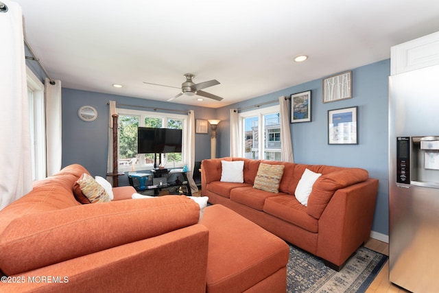 1707-1705 N Bayview Ave, Seaside Park, NJ 08752 - living area featuring ceiling fan, light wood finished floors, recessed lighting, and baseboards