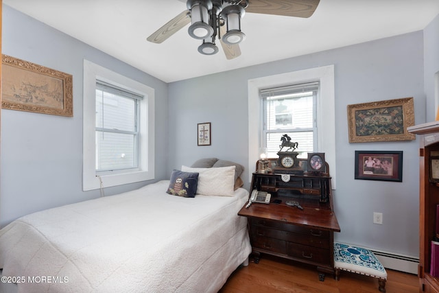 1707-1705 N Bayview Ave, Seaside Park, NJ 08752 - bedroom featuring wood finished floors, a baseboard heating unit, and ceiling fan