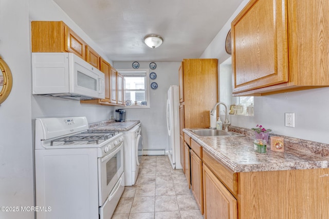 1707-1705 N Bayview Ave, Seaside Park, NJ 08752 - kitchen with white appliances, a sink, a baseboard heating unit, light countertops, and light tile patterned flooring