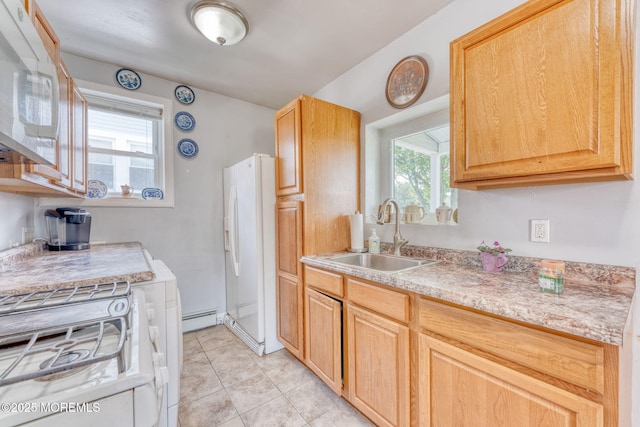 1707-1705 N Bayview Ave, Seaside Park, NJ 08752 - kitchen with a sink, white appliances, a baseboard radiator, light countertops, and light tile patterned flooring