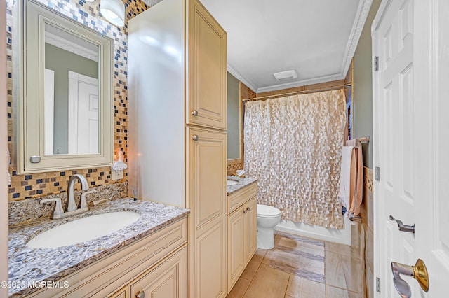 14 N Longview Rd, Howell, NJ 07731 - bathroom with toilet, decorative backsplash, ornamental molding, two vanities, and tile patterned floors