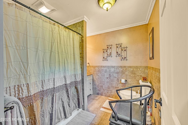14 N Longview Rd, Howell, NJ 07731 - full bath with tile walls, crown molding, a shower with shower curtain, and wainscoting