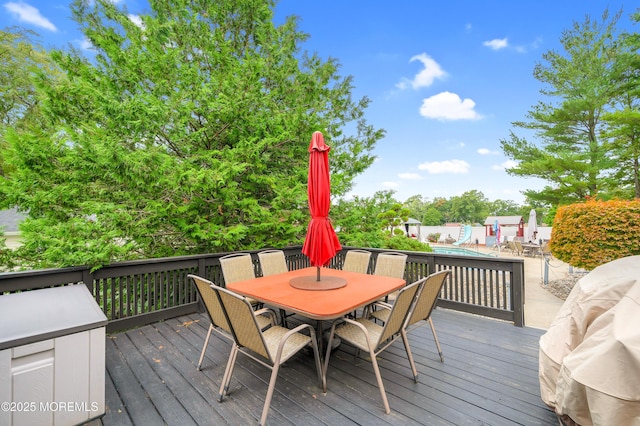 14 N Longview Rd, Howell, NJ 07731 - wooden deck featuring outdoor dining area and an outdoor pool