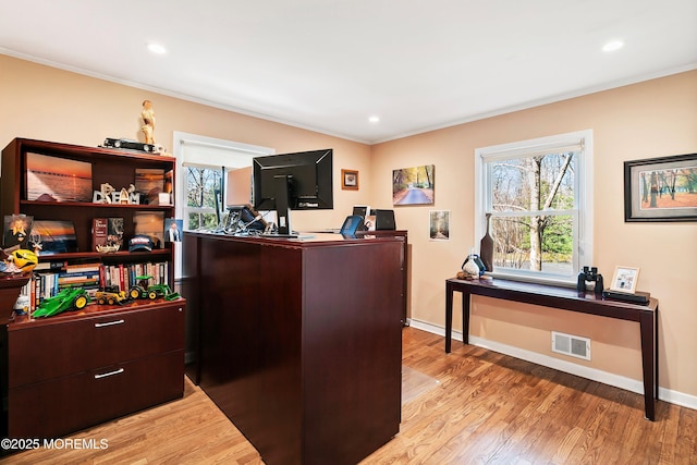 2897 State Route 138, Wall, NJ 07719 - home office with ornamental molding, plenty of natural light, light wood-style floors, baseboards, and recessed lighting
