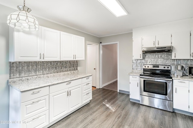 2897 State Route 138, Wall, NJ 07719 - kitchen featuring stainless steel appliances, under cabinet range hood, decorative backsplash, wood finished floors, and white cabinetry