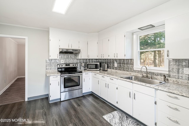 2897 State Route 138, Wall, NJ 07719 - kitchen featuring appliances with stainless steel finishes, a sink, under cabinet range hood, backsplash, and dark wood-type flooring