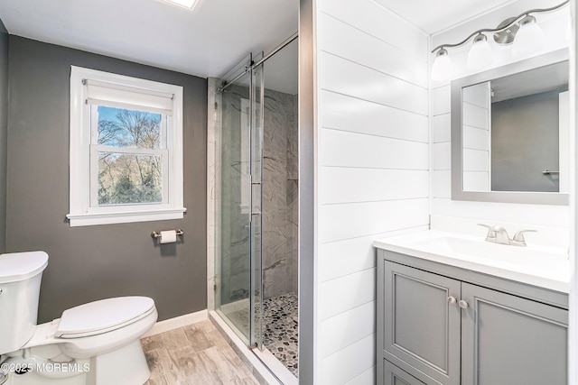 2897 State Route 138, Wall, NJ 07719 - bathroom featuring a shower stall, toilet, wood finished floors, and baseboards