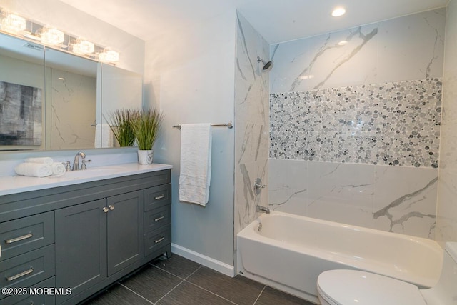 21 Wickatunk Rd, Manalapan, NJ 07726 - bathroom featuring vanity, shower / washtub combination, toilet, baseboards, and tile patterned floors