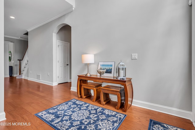 24 Beach Haven Way, Waretown, NJ 08758 - entrance foyer featuring ornamental molding, baseboards, wood finished floors, stairway, and recessed lighting