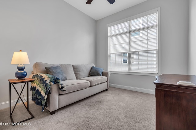 24 Beach Haven Way, Waretown, NJ 08758 - living area with ceiling fan, carpet flooring, baseboards, plenty of natural light, and lofted ceiling