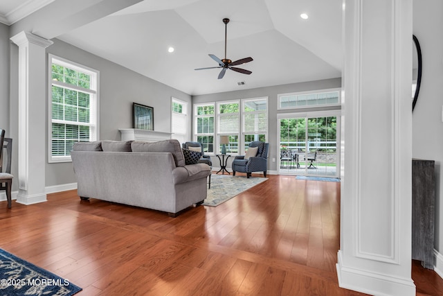 24 Beach Haven Way, Waretown, NJ 08758 - living room featuring a ceiling fan, hardwood / wood-style floors, plenty of natural light, baseboards, and recessed lighting