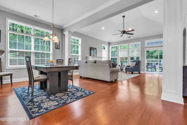 24 Beach Haven Way, Waretown, NJ 08758 - dining area featuring a ceiling fan, decorative columns, hardwood / wood-style floors, baseboards, and recessed lighting