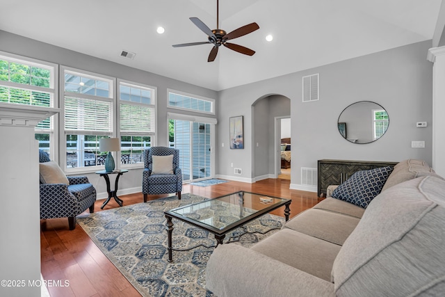 24 Beach Haven Way, Waretown, NJ 08758 - living room featuring healthy amount of natural light, a ceiling fan, arched walkways, wood finished floors, and recessed lighting