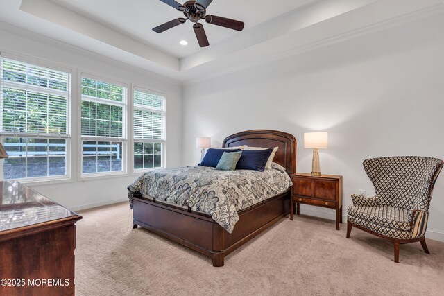 24 Beach Haven Way, Waretown, NJ 08758 - bedroom featuring light carpet, baseboards, a tray ceiling, a ceiling fan, and recessed lighting