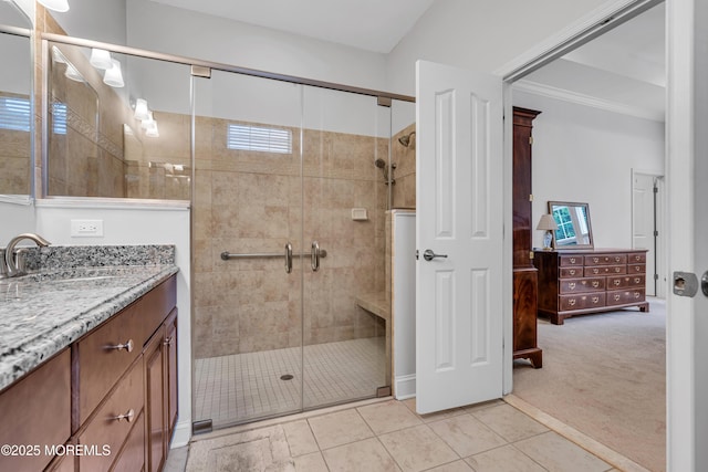 24 Beach Haven Way, Waretown, NJ 08758 - full bathroom featuring vanity, a shower stall, tile patterned flooring, and ornamental molding