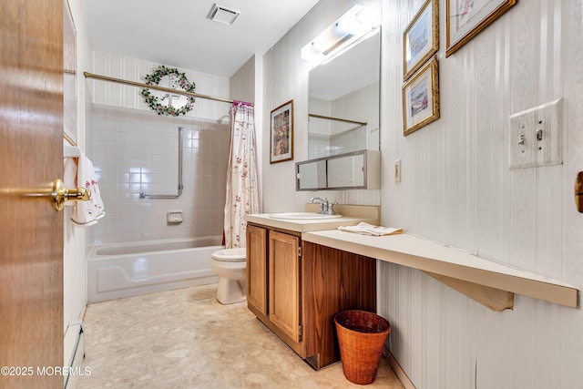 184 Pulaski Blvd, Toms River, NJ 08757 - bathroom featuring toilet, shower / tub combo, vanity, and baseboard heating