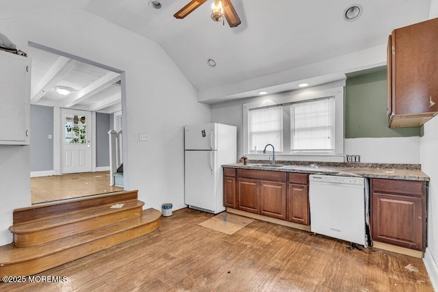 93 Lawrence Ave, Keansburg, NJ 07734 - kitchen featuring white appliances, a sink, light wood-style flooring, vaulted ceiling, and a ceiling fan