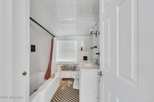 93 Lawrence Ave, Keansburg, NJ 07734 - bathroom with radiator, toilet, shower / bath combo with shower curtain, tile patterned floors, and vanity