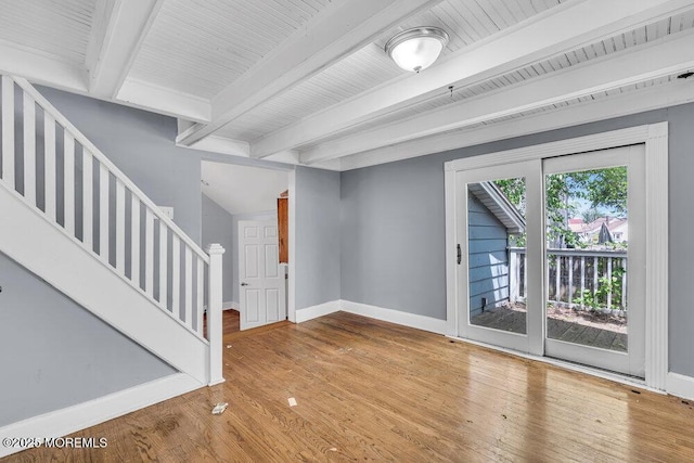 93 Lawrence Ave, Keansburg, NJ 07734 - empty room with beamed ceiling, baseboards, stairway, and wood finished floors