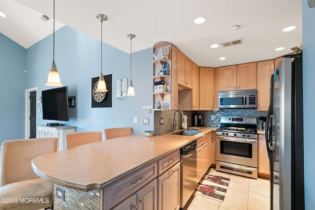 18 Sheridan Ave Unit 3, Seaside Heights, NJ 08751 - kitchen featuring appliances with stainless steel finishes, a sink, decorative backsplash, open shelves, and light tile patterned floors