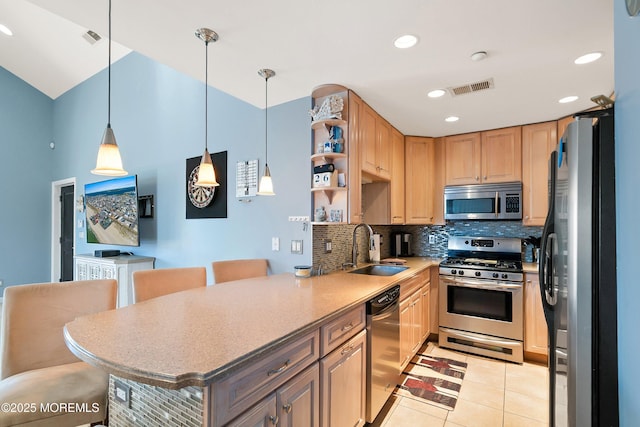 18 Sheridan Ave Unit 3, Seaside Heights, NJ 08751 - kitchen featuring appliances with stainless steel finishes, a sink, tasteful backsplash, open shelves, and light tile patterned floors