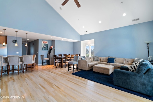 18 Sheridan Ave Unit 3, Seaside Heights, NJ 08751 - living area featuring high vaulted ceiling, light wood finished floors, a ceiling fan, and recessed lighting