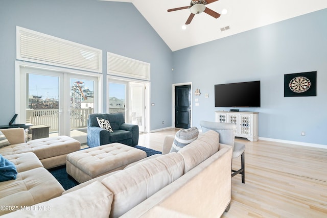 18 Sheridan Ave Unit 3, Seaside Heights, NJ 08751 - living room with high vaulted ceiling, a ceiling fan, light wood finished floors, plenty of natural light, and baseboards