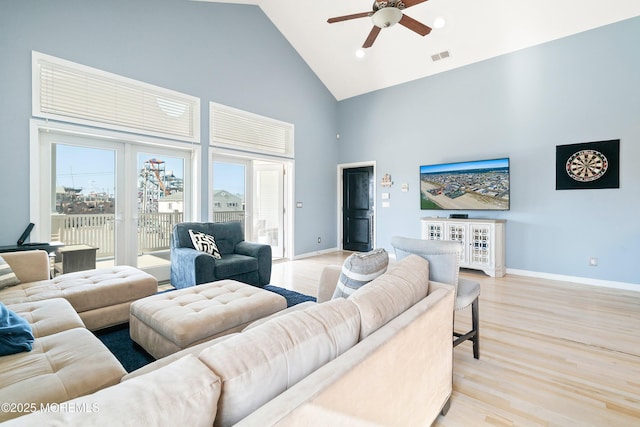 18 Sheridan Ave Unit 3, Seaside Heights, NJ 08751 - living room with high vaulted ceiling, a ceiling fan, light wood-style floors, baseboards, and plenty of natural light