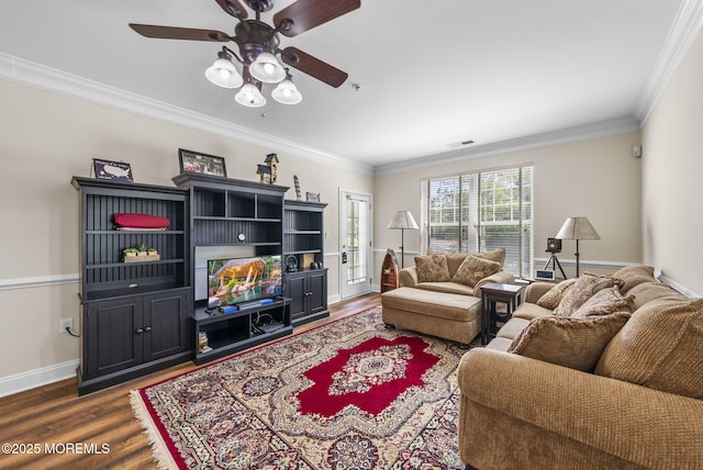100 Middlesex Blvd Unit 144, Plainsboro, NJ 08536 - living area with dark wood-style flooring, a ceiling fan, ornamental molding, and baseboards