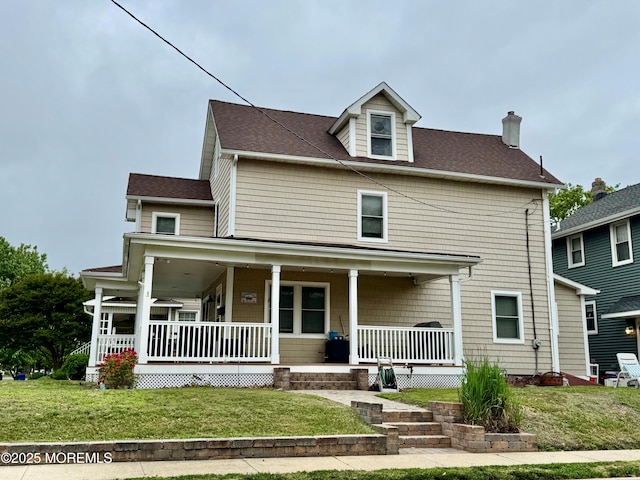 300 Lareine Ave, Bradley Beach, NJ 07720 - view of front of house with covered porch, a chimney, a front lawn, and roof with shingles