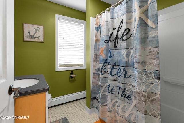 300 Lareine Ave, Bradley Beach, NJ 07720 - full bathroom with baseboard heating, vanity, healthy amount of natural light, and tile patterned flooring