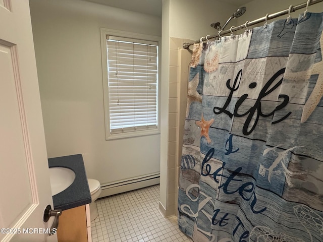 300 Lareine Ave, Bradley Beach, NJ 07720 - bathroom with a baseboard heating unit, vanity, tile patterned flooring, and curtained shower