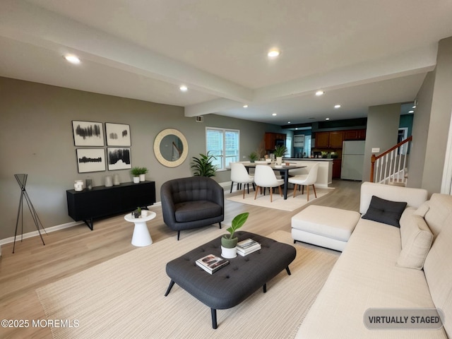 300 Lareine Ave, Bradley Beach, NJ 07720 - living room with recessed lighting, light wood-style flooring, beam ceiling, and stairway
