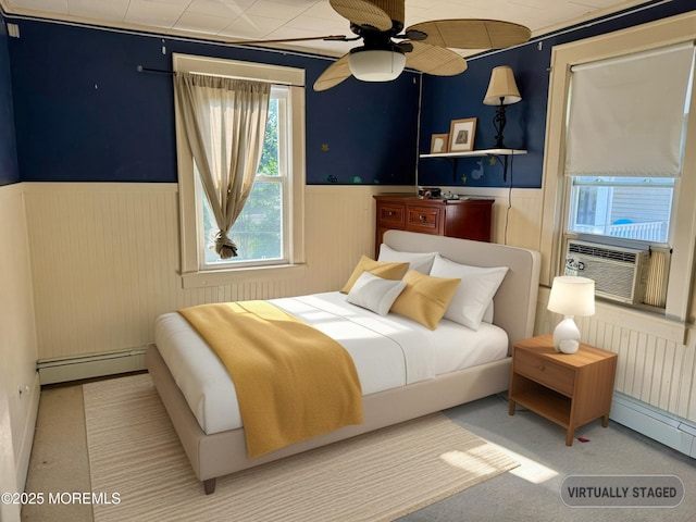 300 Lareine Ave, Bradley Beach, NJ 07720 - bedroom featuring a wainscoted wall, a baseboard radiator, cooling unit, and carpet flooring