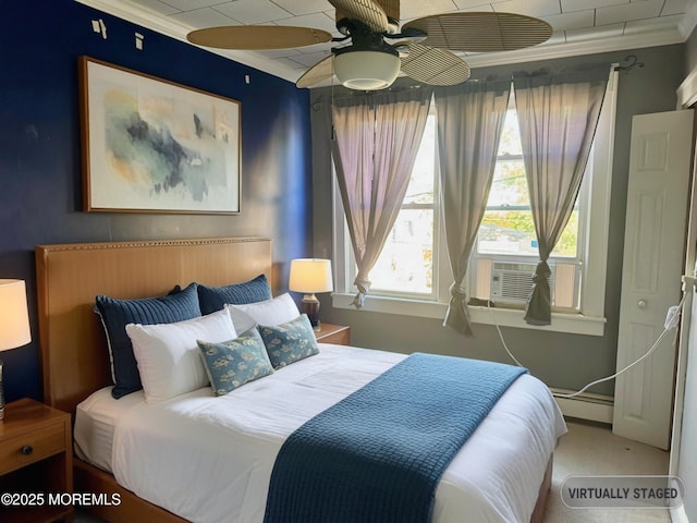 300 Lareine Ave, Bradley Beach, NJ 07720 - carpeted bedroom with a baseboard radiator, crown molding, and a ceiling fan