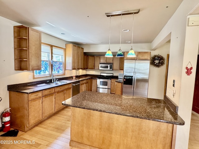 300 Lareine Ave, Bradley Beach, NJ 07720 - kitchen with appliances with stainless steel finishes, a peninsula, light wood-style flooring, and open shelves