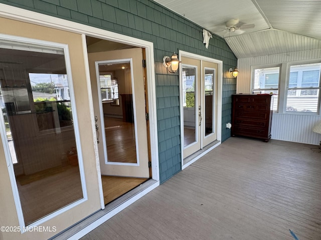 300 Lareine Ave, Bradley Beach, NJ 07720 - unfurnished sunroom featuring ceiling fan, lofted ceiling, a baseboard radiator, and french doors
