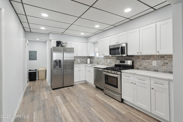 131 S Commodore Dr, Little Egg Harbor, NJ 08087 - kitchen with appliances with stainless steel finishes, a sink, electric panel, white cabinetry, and decorative backsplash