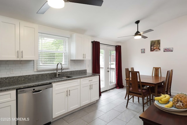 1117 Ruby Dr, Toms River, NJ 08753 - kitchen featuring stainless steel dishwasher, ceiling fan, a sink, tasteful backsplash, and healthy amount of natural light