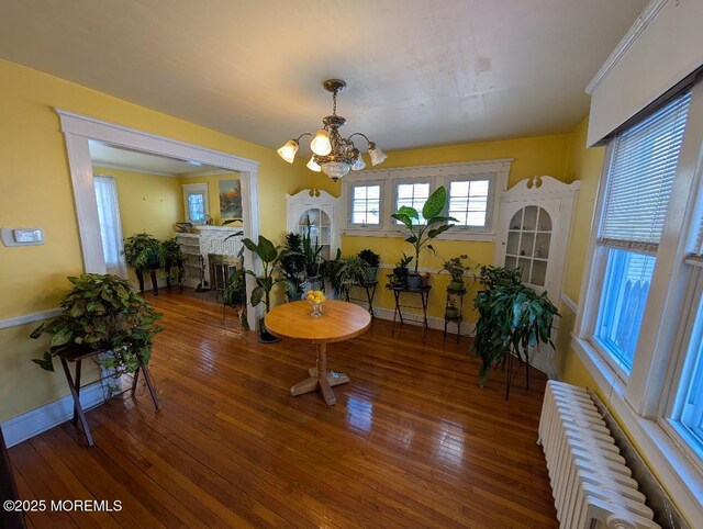 619 Leland Ave, Plainfield, NJ 07062 - dining room featuring radiator, a chandelier, hardwood / wood-style floors, and baseboards
